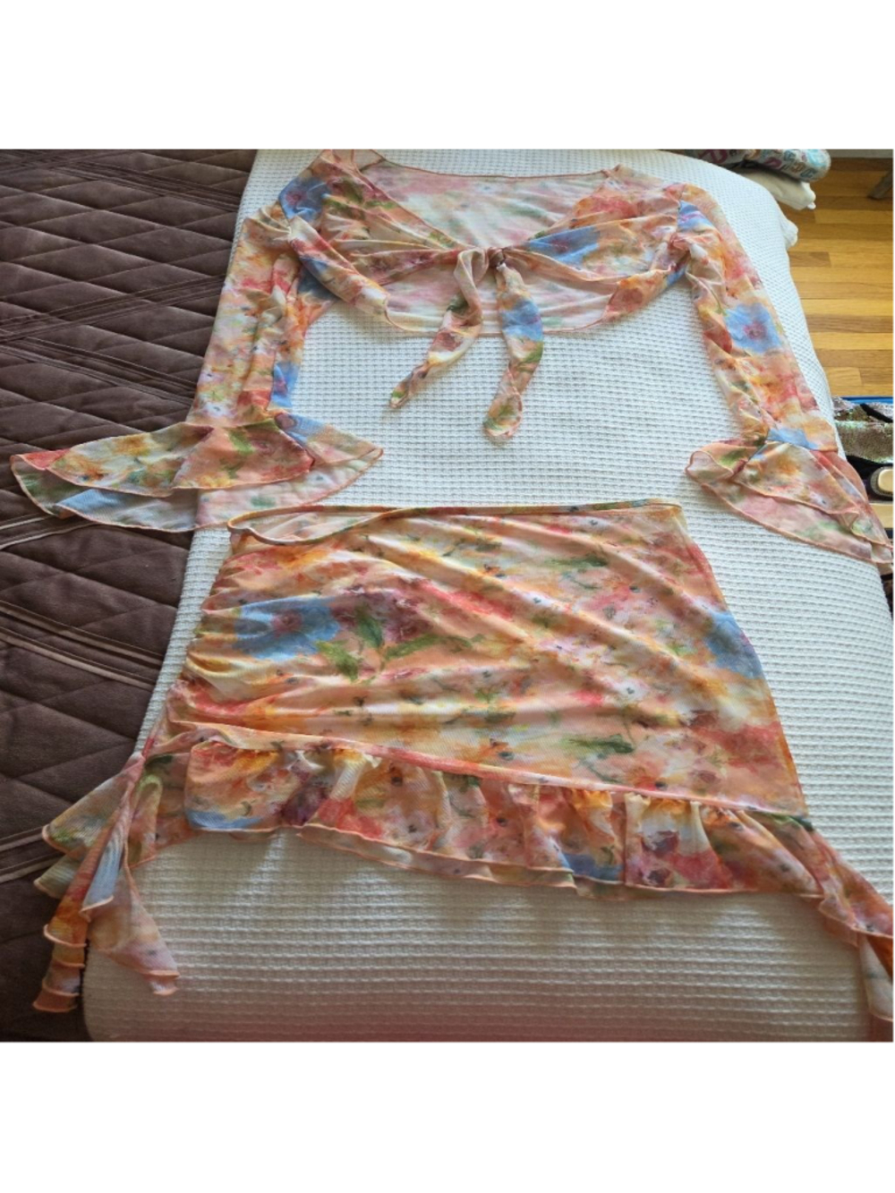 Women's Unbranded Orange Blue Floral Mesh Coverup Set M